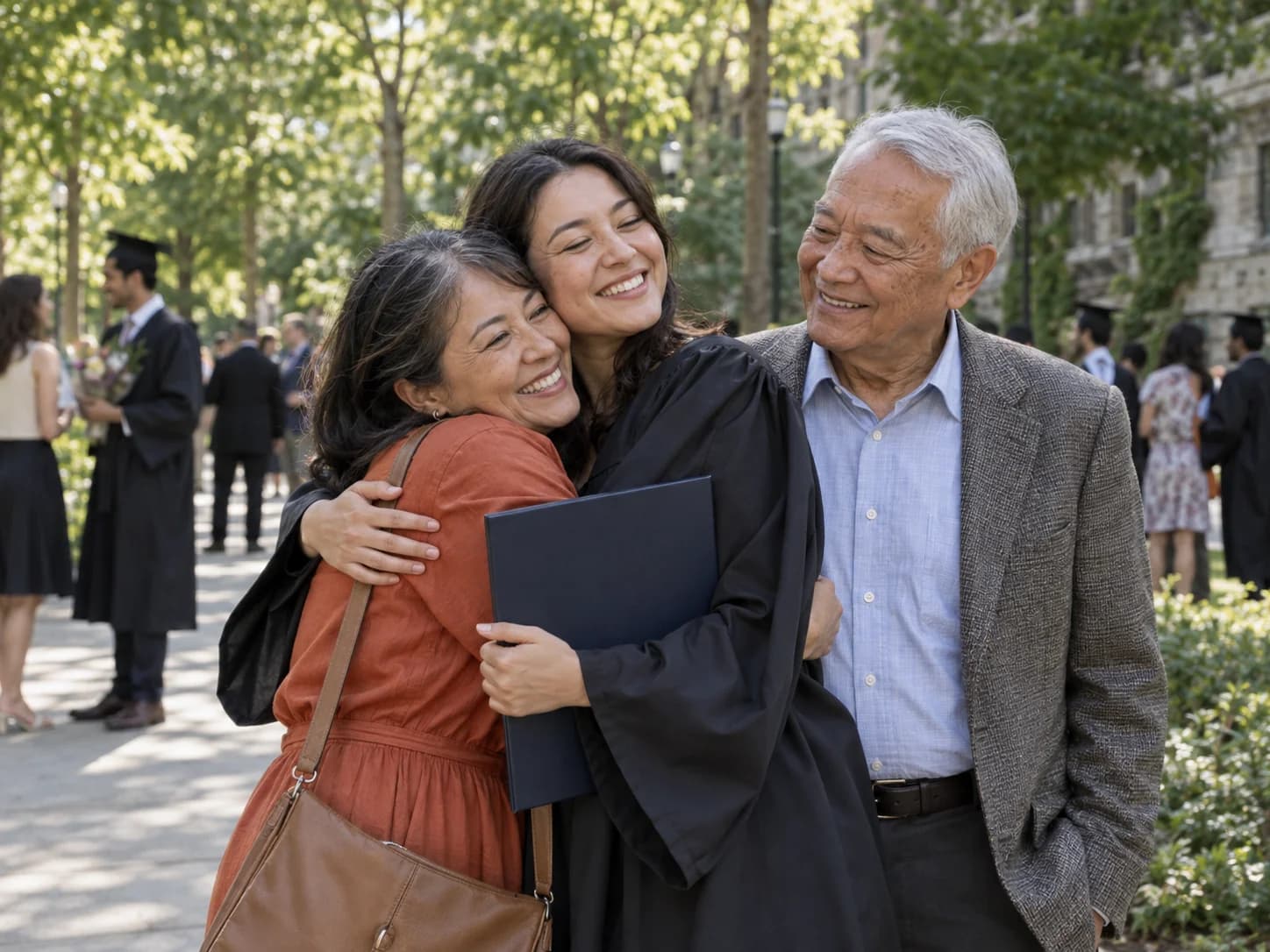 A graduate embracing her proud family after the ceremony