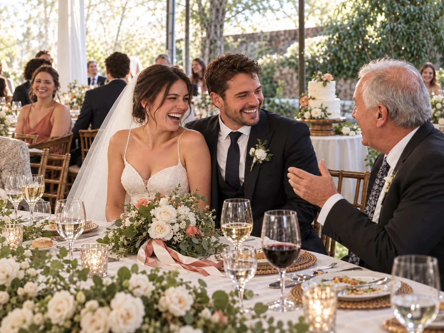 A bride and groom laughing with a relative at their wedding reception