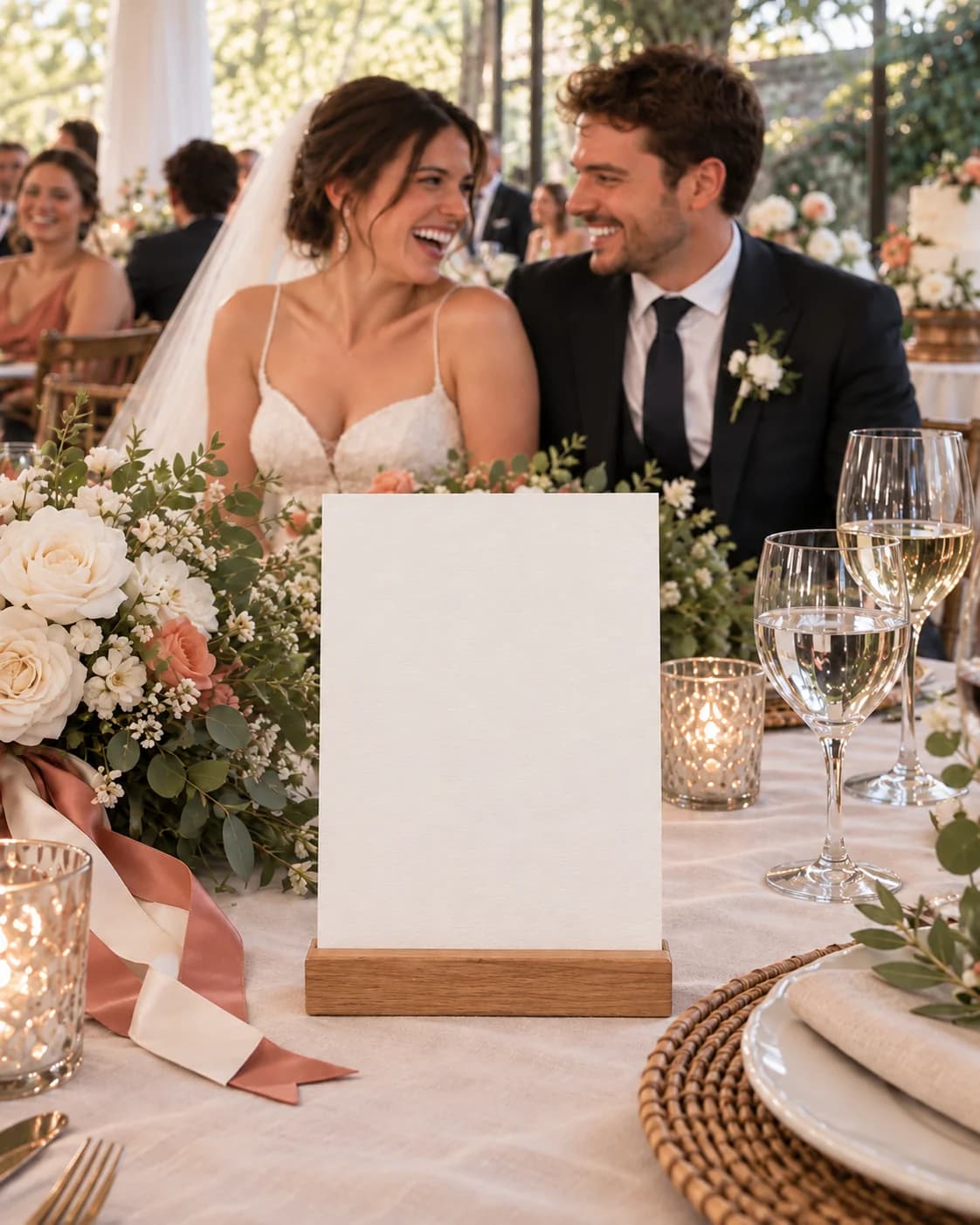 A MomentTide wedding QR sign on a reception table, with the bride and groom laughing behind it